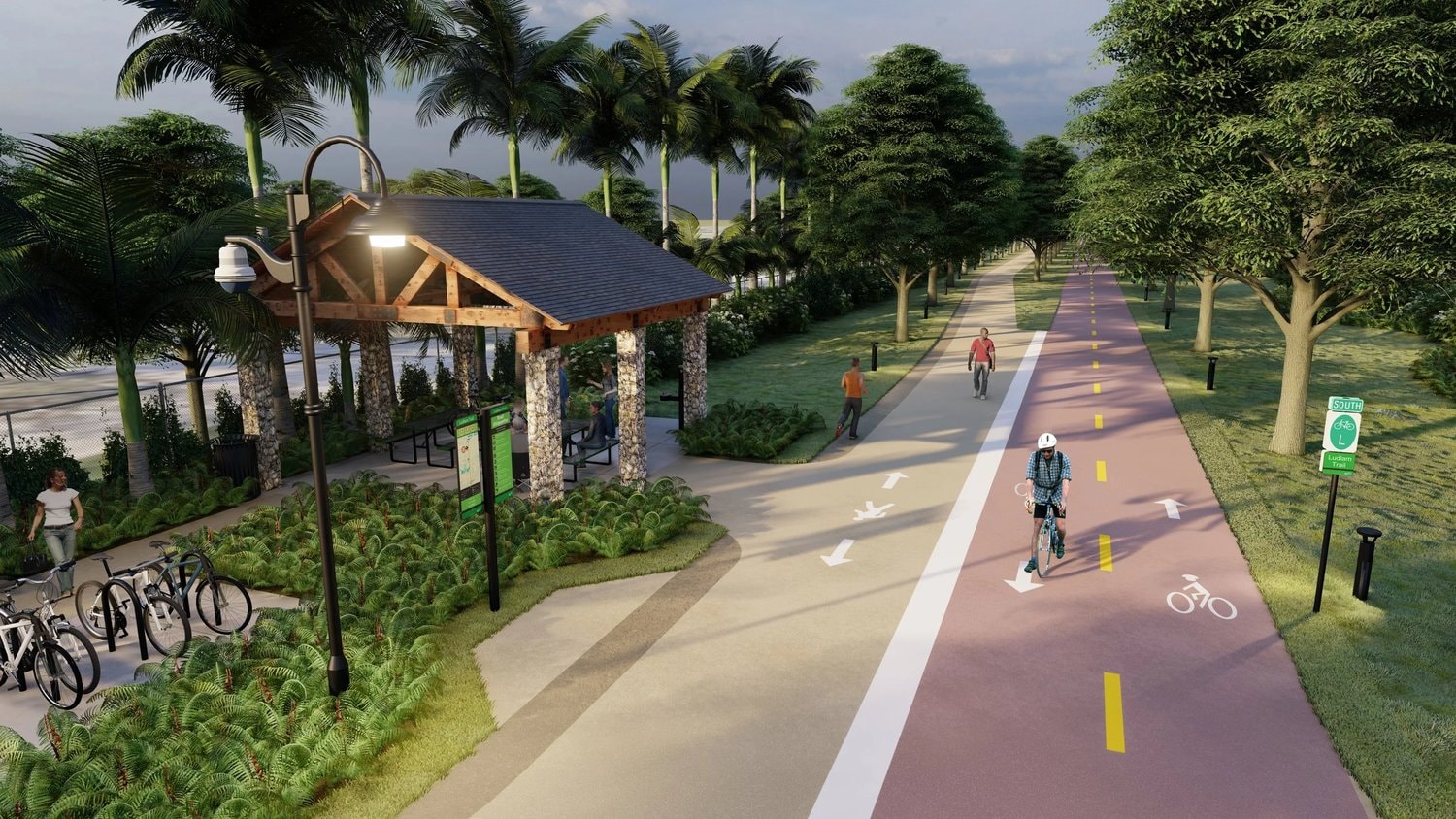Rendering of a trailhead pavilion and shared-use path along the Ludlam Trail linear park