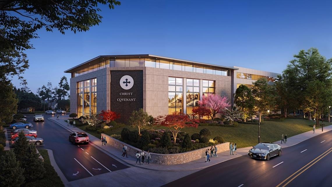 Aerial rendering of the proposed Christ Covenant Church campus at 3520 Piedmont Road NE in Buckhead