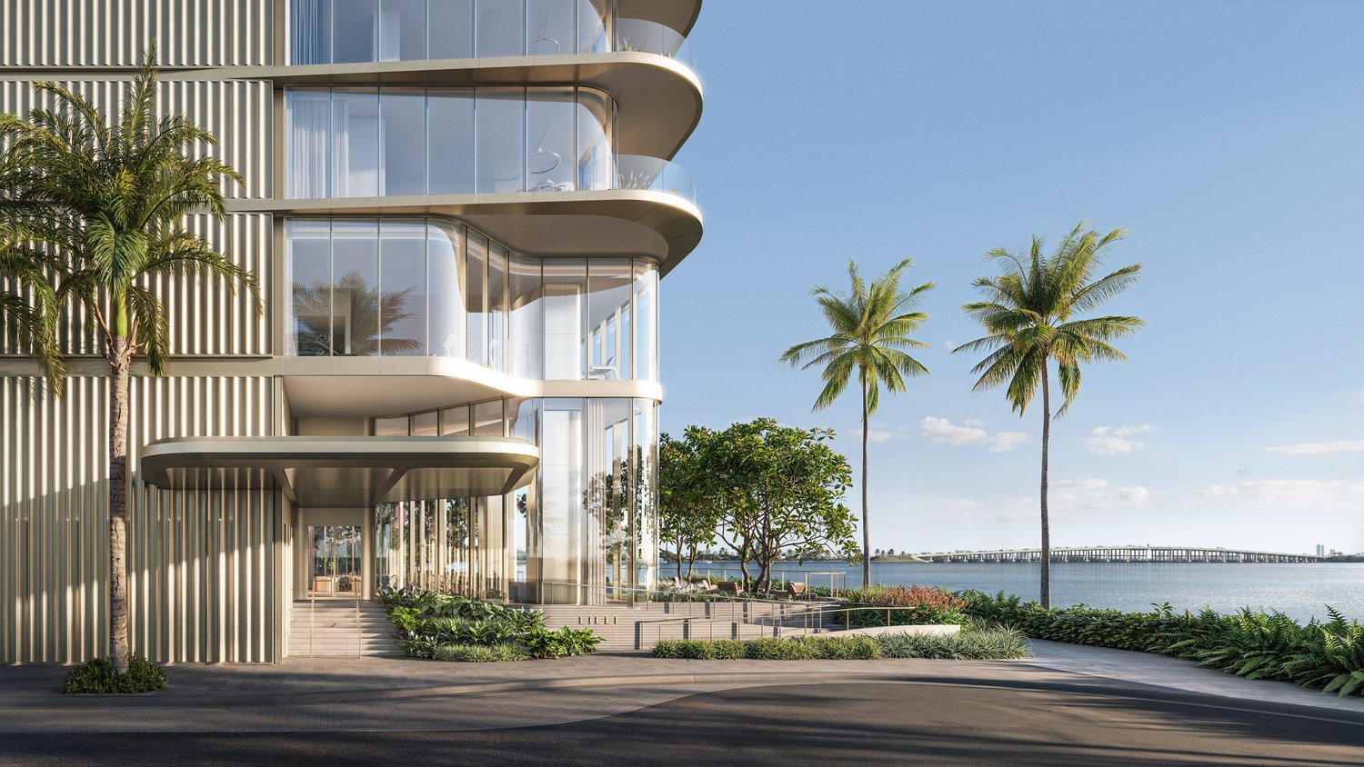 Rendering of LILLI's street-level arrival and landscaped waterfront frontage