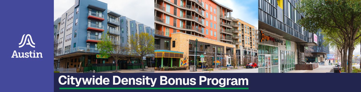 City of Austin banner for the Citywide Density Bonus Program, showing mixed-use development along Austin corridors