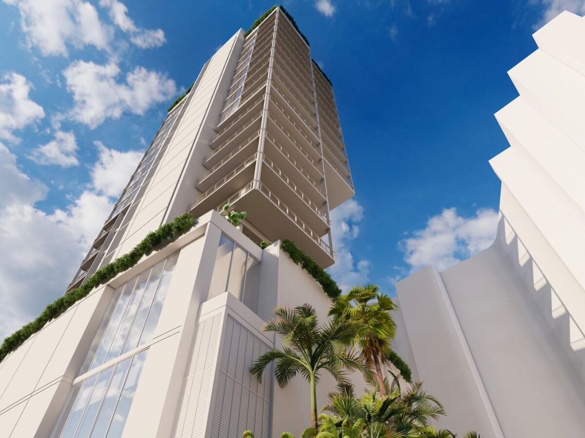 Rendering looking up at the proposed 1260 North Palm Residences tower