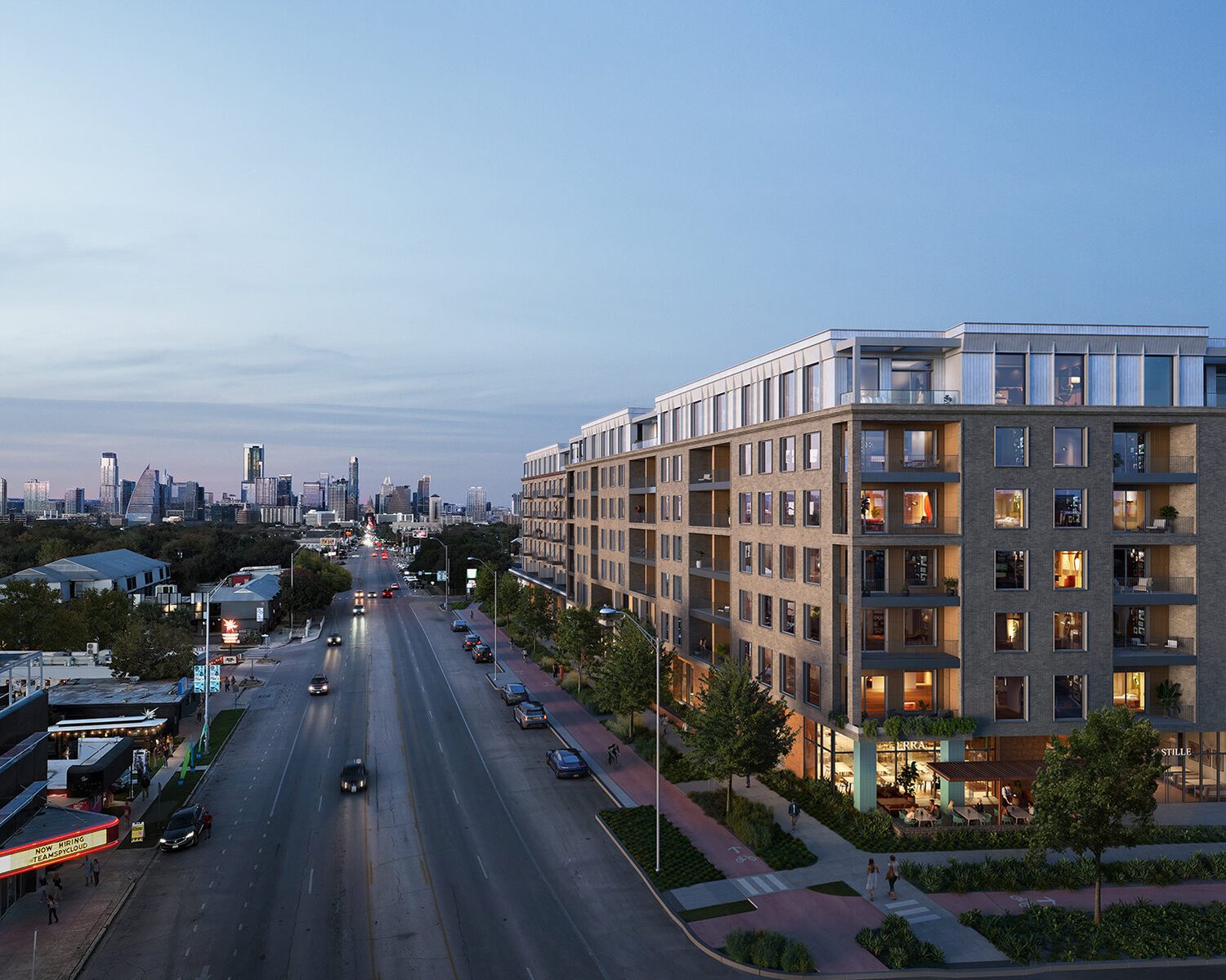 Rendering of Leland South Congress along South Congress Avenue with the downtown Austin skyline beyond