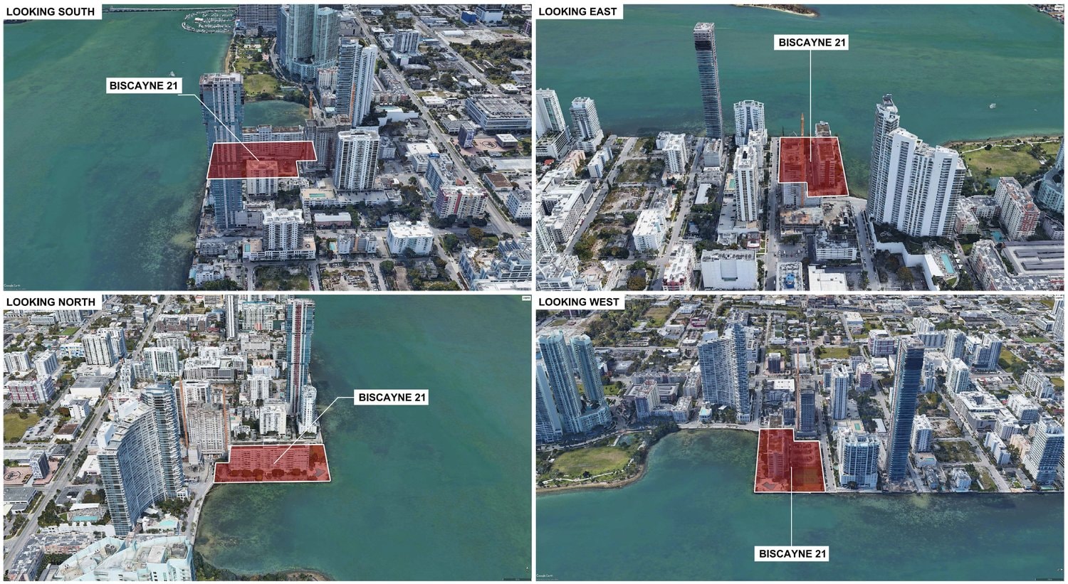 Aerial views of the Biscayne 21 development site (outlined in red) in Miami's Edgewater neighborhood