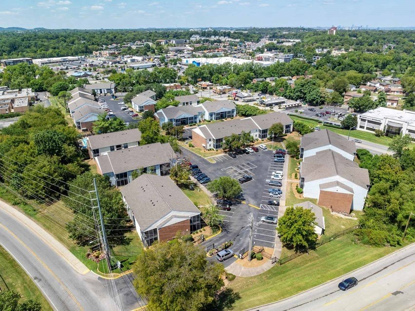 Aerial view of the Brookridge Apartments community with downtown Nashville on the horizon