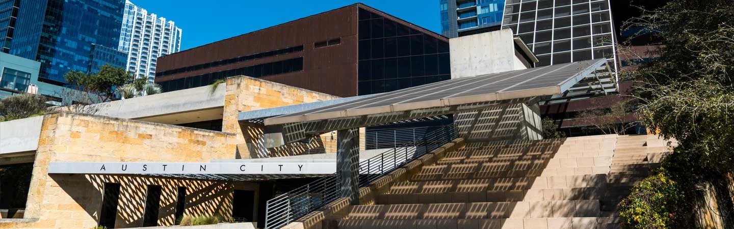 Austin City Hall, where the City Council will take up rezonings, Rally Austin funding, and bond policy on October 8, 2026