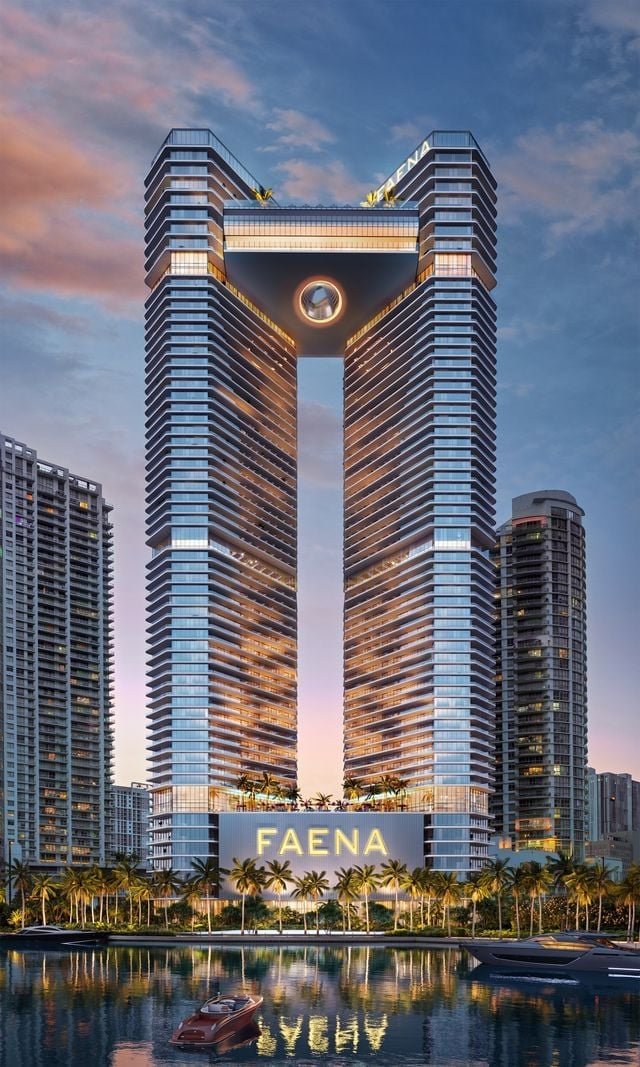 Rendering of Faena Residences Miami's twin towers rising above the Miami River