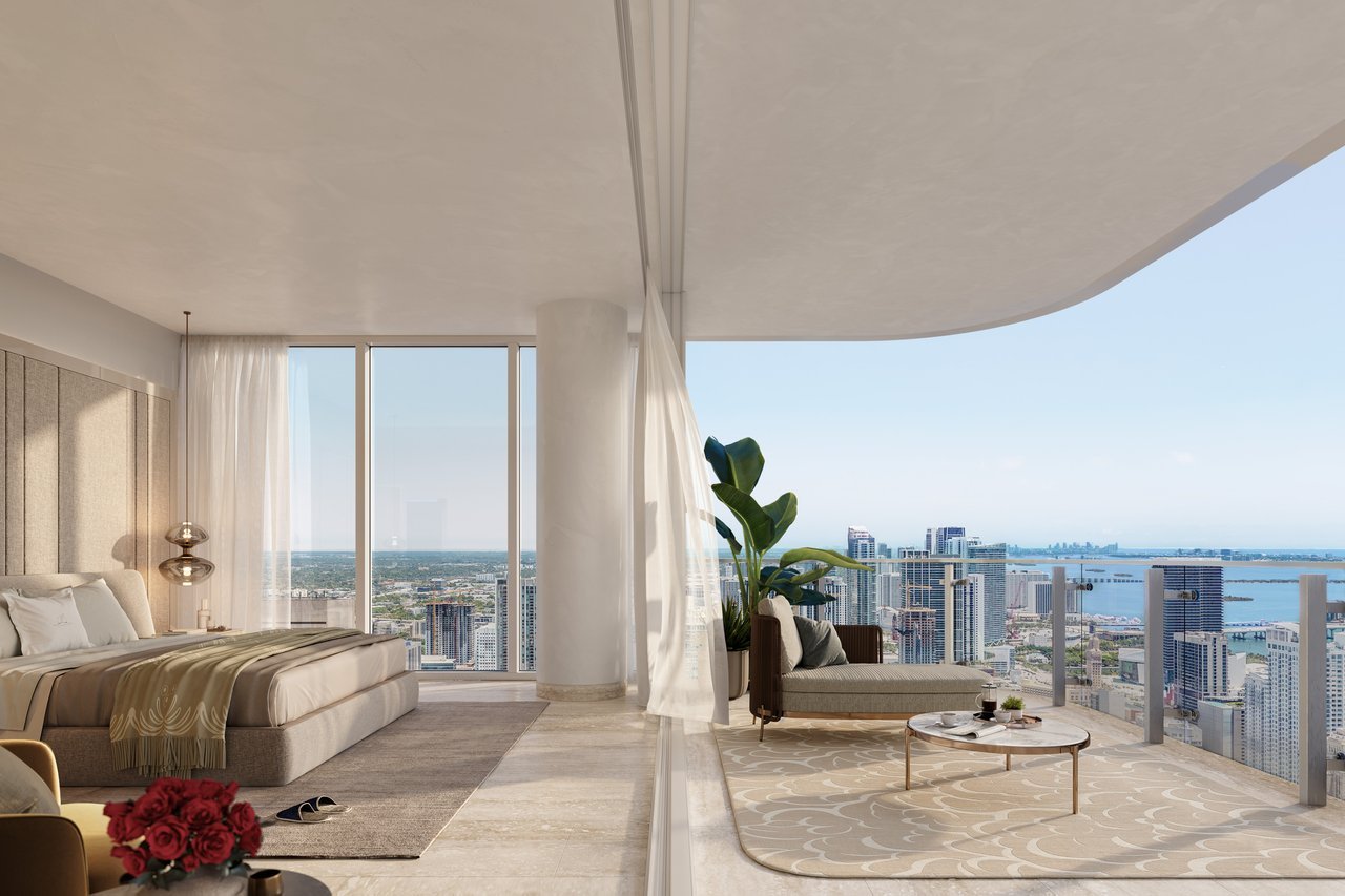 Rendering of a primary bedroom and terrace at Faena Residences Miami