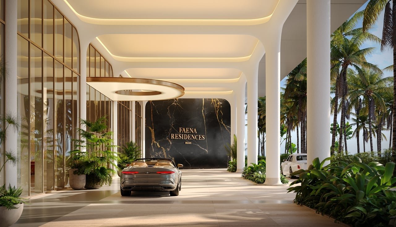 Rendering of the arrival porte-cochère at Faena Residences Miami