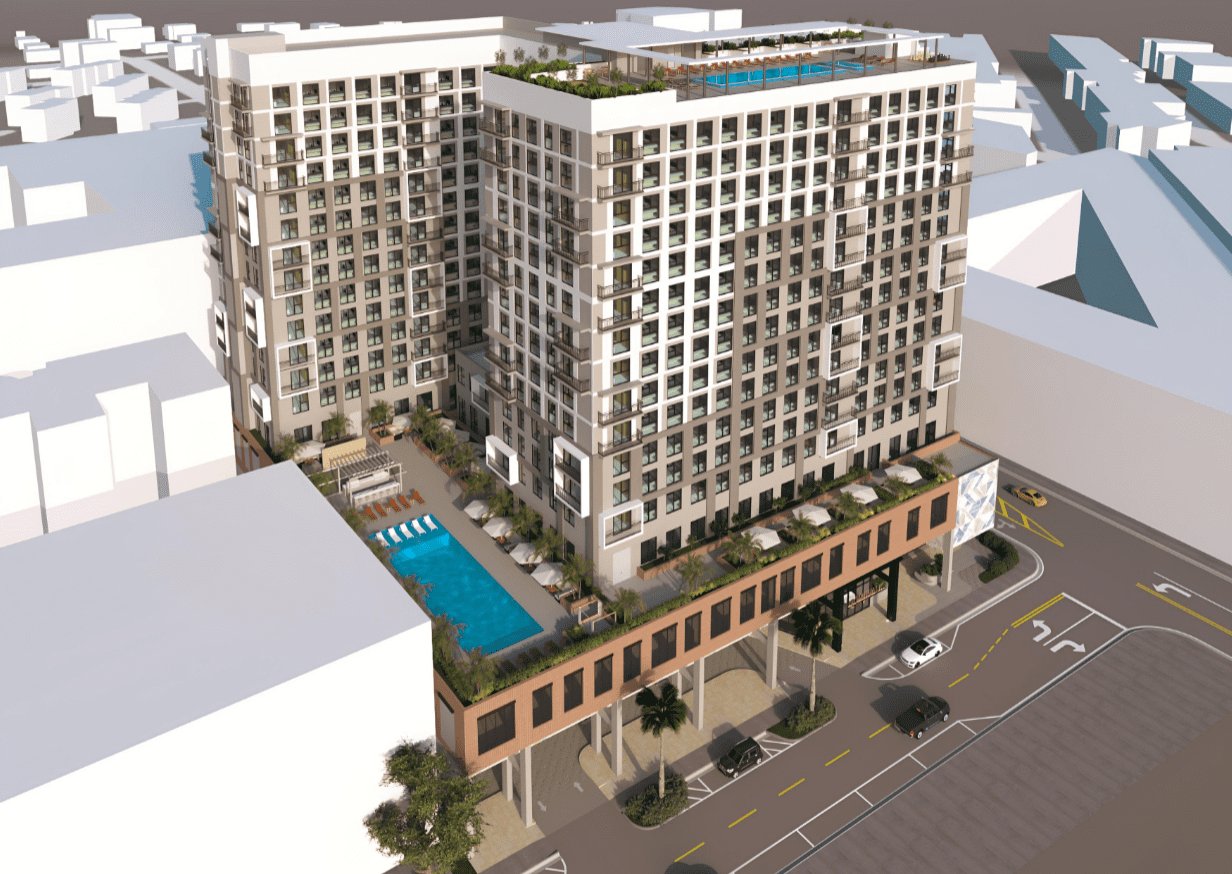 Aerial rendering of SoMi Walk showing the rooftop amenity deck and pool