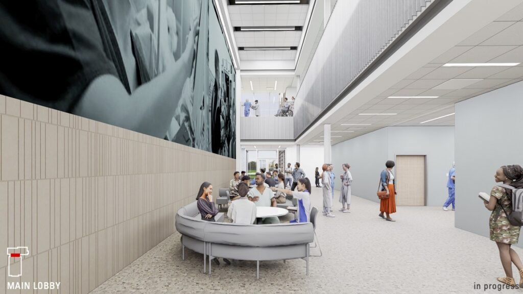 Rendering of the main lobby in the planned ACC Hays Campus Healthcare Professions Building