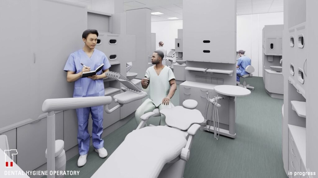 Rendering of a dental hygiene operatory in the planned Healthcare Professions Building at ACC Hays Campus