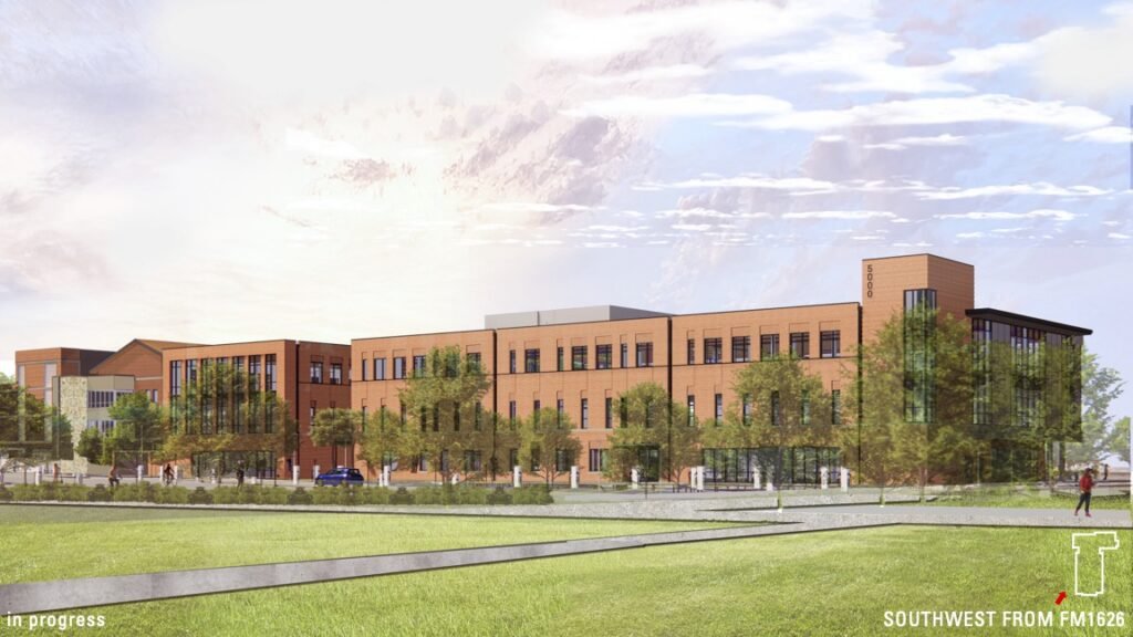 Rendering of the ACC Hays Campus Healthcare Professions Building, viewed from the southwest at FM 1626