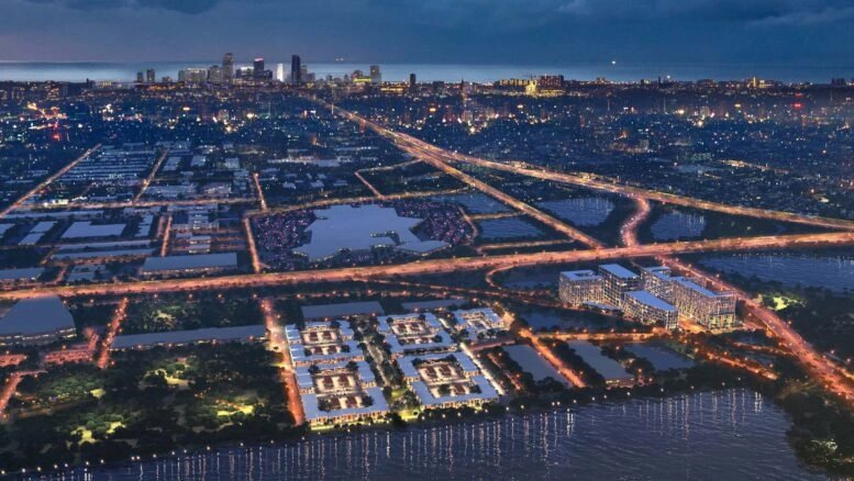 Aerial rendering of the Upland Park master plan at night (Terra Group)