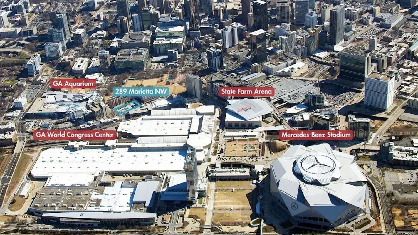 Aerial view of downtown Atlanta showing the 289 Marietta Street NW site near Centennial Olympic Park landmarks