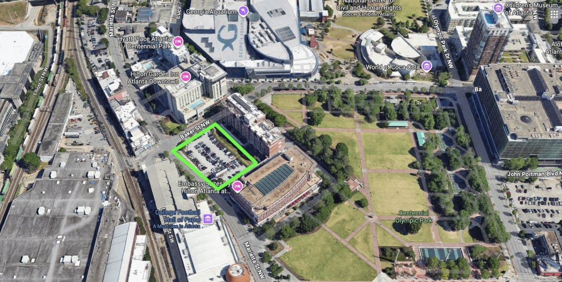 Aerial map outlining the 289 Marietta Street NW surface parking lot near Centennial Olympic Park