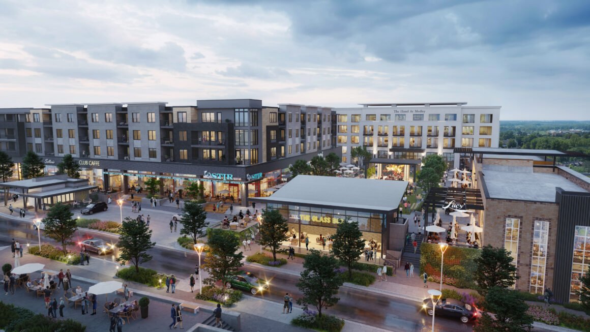 Dusk rendering of the Medley mixed-use district in Johns Creek, with The Hotel at Medley at right