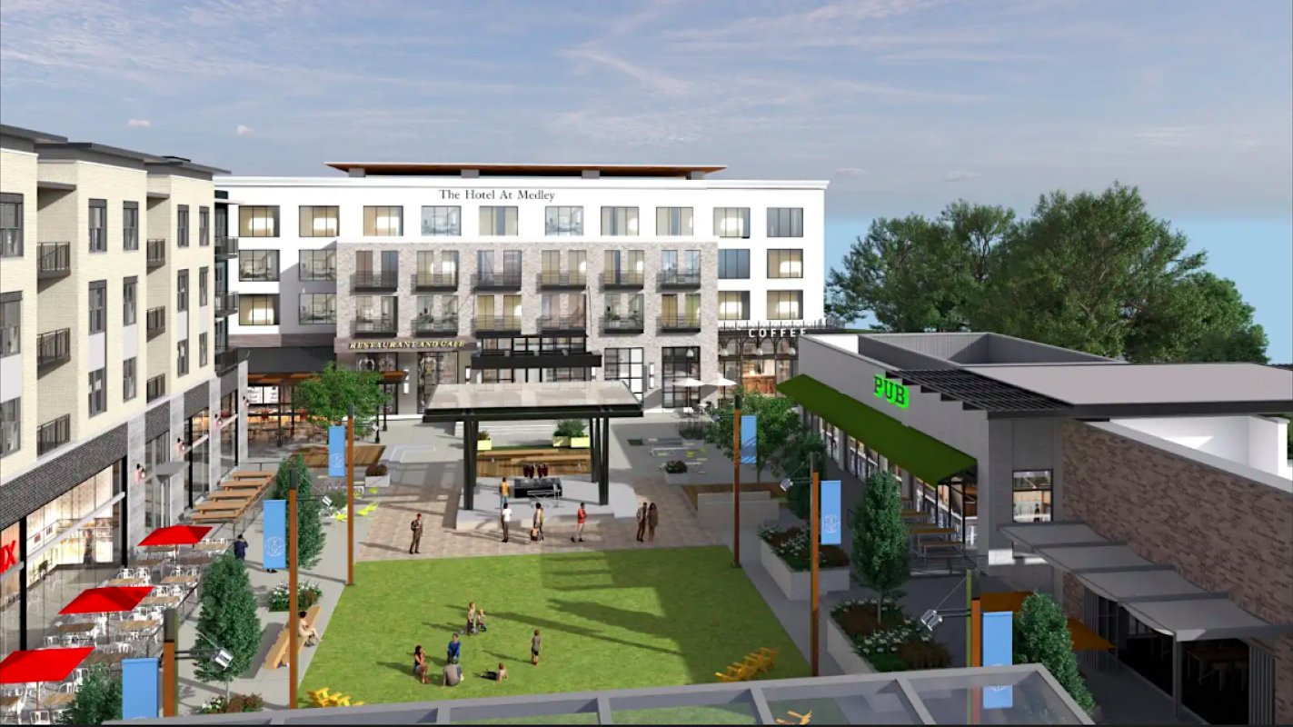 Rendering of The Hotel at Medley fronting the development's central plaza and lawn
