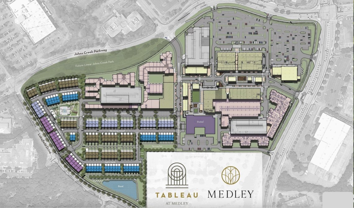 Site plan of the Medley development in Johns Creek, with the hotel parcel highlighted