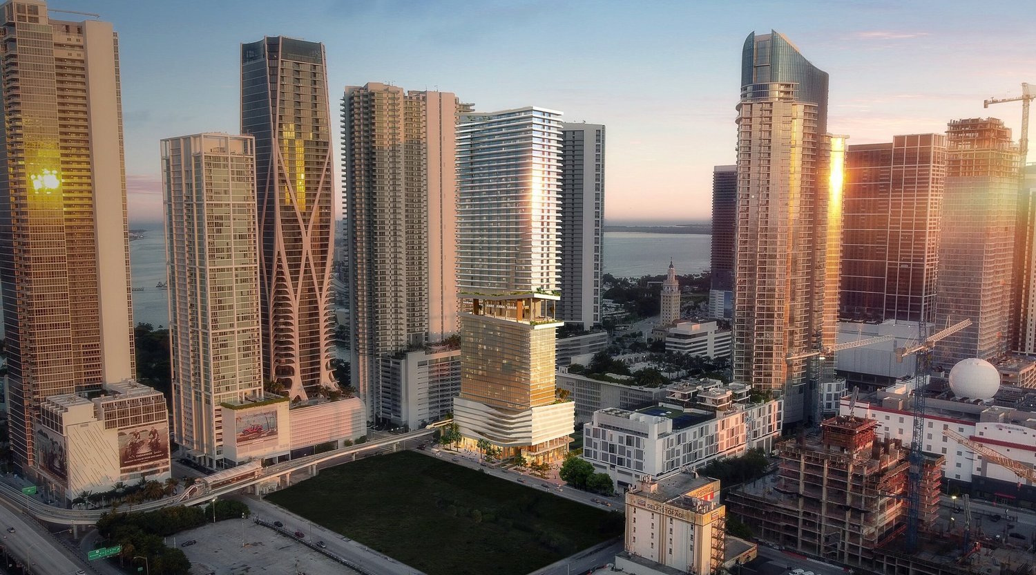 Aerial rendering of the proposed Block C East Hotel & Residences tower within the downtown Miami skyline