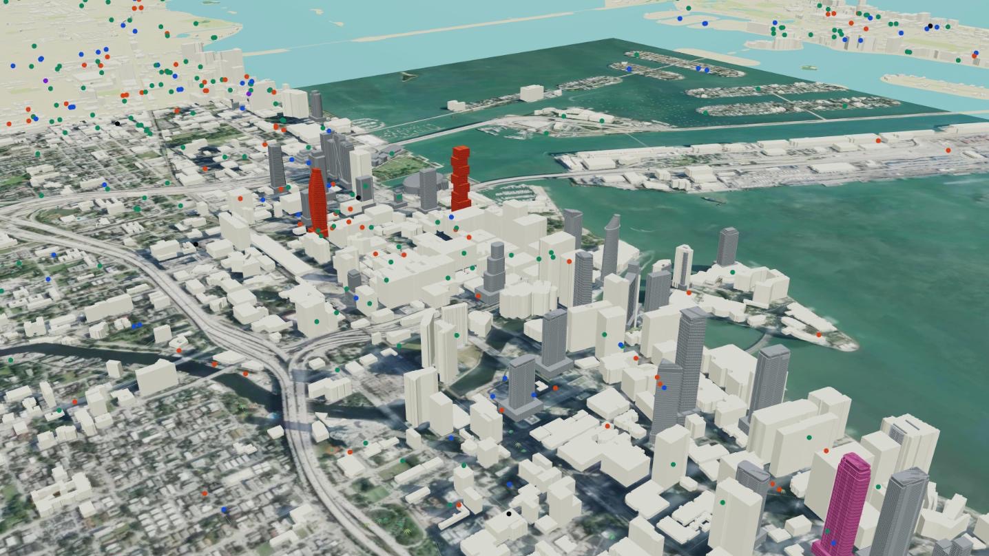 Miami in Landmarks 3D, every tracked project colored by status
